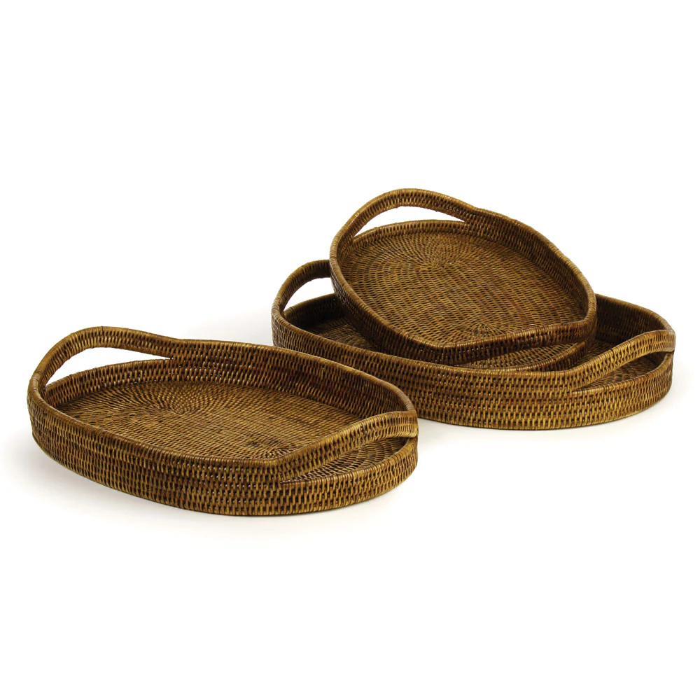 BURMA RATTAN OVAL SERVING TRAYS, SET OF 3