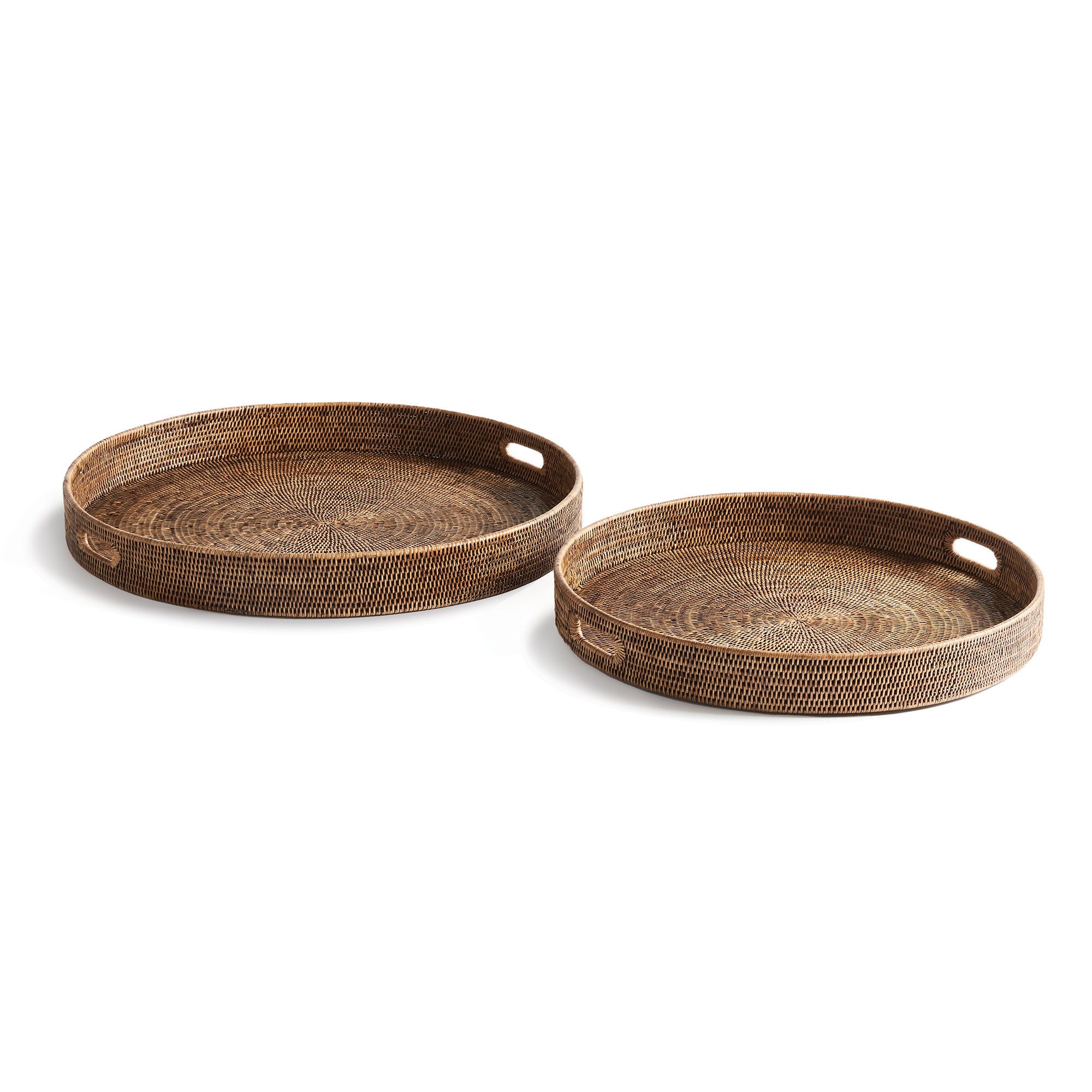 BURMA RATTAN ROUND OTTOMAN TRAYS LARGE, SET OF 2